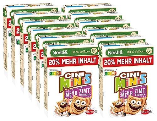 Nestlé Cini Minis | Zimt Müsli | 37 prozent vitales Vollkorn | Mit Vitaminen, Calcium und Eisen | Krunchy Knusper Flakes | 12er Vorratspack (12x375g) von Nestlé