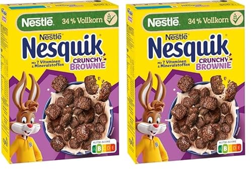 Nestlé NESQUIK Crunchy Brownie, knusprige Frühstücks-Cerealien mit Schoko-Stückchen und einer innovativen Form für den extra Crunch, 2er Pack (1 x 300g) von Nestlé