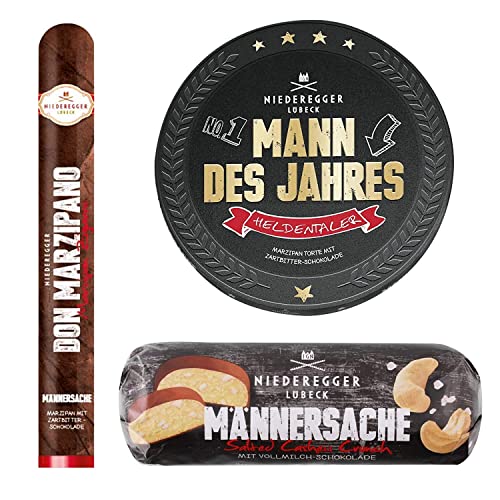 Niederegger Männersache Geschenk-Set mit Heldentaler Mann des Jahres, Marzipan Zigarre "Don Marzipano" und Cashewbrot (342g) von Niederegger