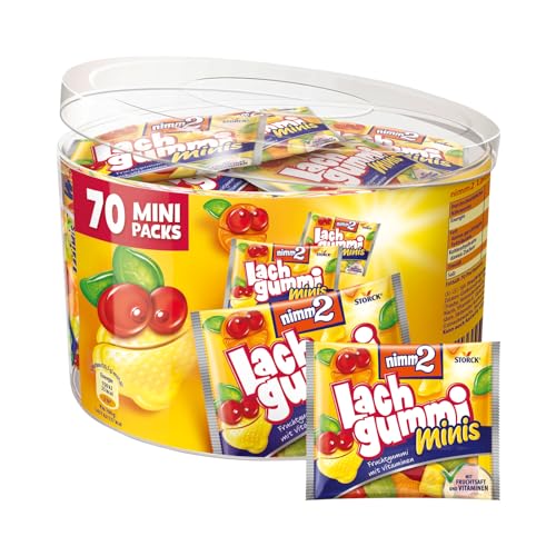 nimm2 Lachgummi Minis Runddose – 1 x 735g (70 Mini Packs) – Fruchtgummi mit Fruchtsaft und Vitaminen von nimm2 Lachgummi