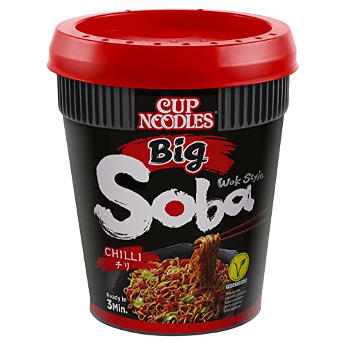 NISSIN Cup Noodles Soba BIG – Chili, 6er Pack, Wok Style Instant-Nudeln japanischer Art, mit Chili-Sauce, Schoten & Gemüse, schnell im Becher zubereitet, asiatisches Essen, große Portion (115 g) von Nissin