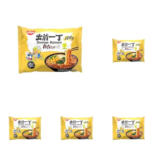 NISSIN Demae Ramen – Miso, Einzelpack, Instant-Nudeln japanischer Art, mit Miso-Geschmack und asiatischen Gewürzen, vegan, schnell und einfach zubereitet, asiatisches Essen (1 x 100 g) (Packung mit 5) von Nissin