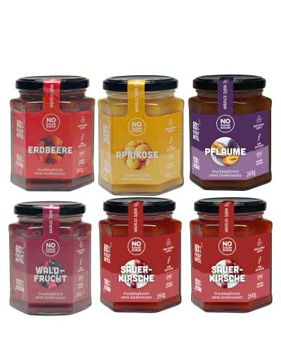 NO SUGAR SUGAR Fruchtaufstrich Probier-Set. Je 1x Erdbeere,Waldfrucht, Aprikose,Pflaume & 2x Sauerkirsche ohne Zuckerzusatz mindestens 80% Fruchtanteil mit Erythrit und Stevia (Je 260g) von NoSugarSugar