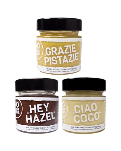 NO SUGAR SUGAR Probierset Aufstriche Kokosnuss "Ciao Coco", Haselnuss "Hey Hazel" und Pistazie "Grazie Pistazie", ohne Zuckerzusatz 3x200g von NoSugarSugar