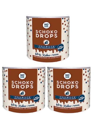 NO SUGAR SUGAR Schokodrops Vollmilch Schokolade mit 40% Kakao Anteil (250g) Hergestellt ohne Zuckerzusatz, gesüßt mit Erythrit und Stevia (3x 250g) von NoSugarSugar