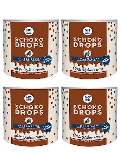 NO SUGAR SUGAR Vollmilch Schokodrops Schokolade mit 40% Kakao Anteil (250g) Hergestellt ohne Zuckerzusatz, gesüßt mit Erythrit und Stevia (4x 250g) von NoSugarSugar