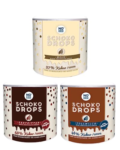 Schokodrops ohne Zuckerzusatz - NO SUGAR SUGAR im Set (250g) (Vollmilch, Weiß & Zartbitter (3x 250g)) von NoSugarSugar