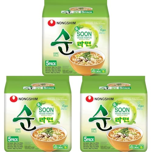 Nong Shim Instantnudeln Soon Veggie Ramyun – Koreanische Gemüse Ramen Suppe mild - schnelle Zubereitung – 1er Multipack - 5 x 120g (Packung mit 3) von Nong Shim