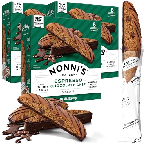 Nonni's Espresso-Schokoladen-Chip-Biscotti-Kekse – 3 Boxen Espresso-Kekse – Biscotti italienische Kekse mit dunkler Schokolade beträufelt – italienische Biscotti einzeln verpackte Kekse – koscher – von Nonni's