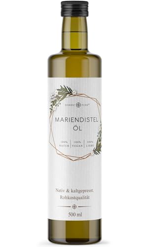 Mariendistelöl 500ml, kaltgepresst von Nordic Pure - Reich an Vitamin E & ungesättigten Fettsäuren - Unterstützt die Leberfunktion - Zur Ernährung sowie zur Hautpflege geeignet von Nordic Pure