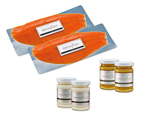 Lachs-Gourmet-Set - Ultrapremium Räucherlachs geschnitten und Lachs-Saucen/TOP Kühlversand (Gourmet-Set 800g inkl. 4 Lachs-Saucen) von Nordland-Lachs