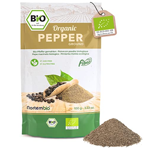 Nortembio Bio-Schwarzer-Pfeffer-Pulver 100 g. 100% Natürlich Herkunft. Gourmet-Qualität. Gemahlener Schwarzer Pfeffer ohne Zusatzstoffe oder Konservierungsmittel. von Nortembio