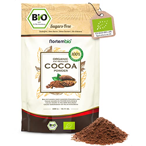 Nortembio Biologischer Fettarmes Kakaopulver 400 g. 100% Natürlich. Gourmet-Qualität. Kakao aus Ghana Glutenfrei und Zuckerfrei, Vegan und Laktosefrei. Behälter mit Zip-Verschluss. von Nortembio