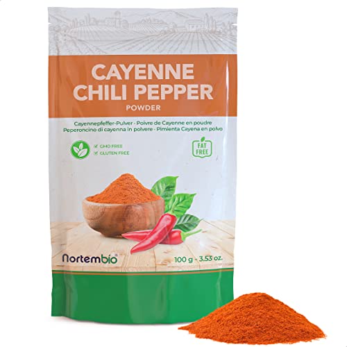 Nortembio Cayennepfeffer-Pulver 100 g. 100% Natürlich Herkunft. Gemahlener Chilipulver ohne Zusatzstoffe oder Konservierungsmittel. Scharfes Cayenne-Feinpulver für Fleisch, Saucen und Soßen. von Nortembio