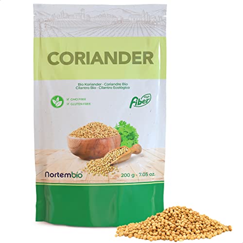 Nortembio Koriander-Samen 200 g. 100% Natürlich Herkunft. Koriandersamen ohne Zusatzstoffe oder Konservierungsmittel, Vegan und Glutenfrei. Luftdichte Verpackung mit Zip-Verschluss. von Nortembio