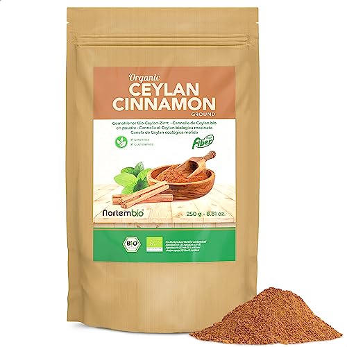 Nortembio Ökologisch Ceylon Zimt Gemahlen 250 g. 100% natürlich Herkunft. Gemahlener Zimt ohne Zusatzstoffe oder Konservierungsmittel, Vegan und Glutenfrei. Ceylon Zimt zum Backen und für Aufgüsse. von Nortembio