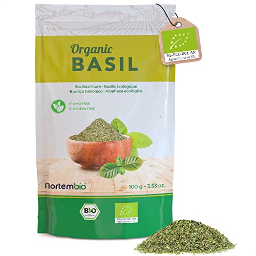 Nortembio Ökologischer Basilikum Getrocknet 100 g. 100% Natürlichen Ursprungs. Geriebenes Basilikum ohne Zusatzstoffe und Konservierungsmittel. Schonend Basilikum für Pesto und Soßen. von Nortembio