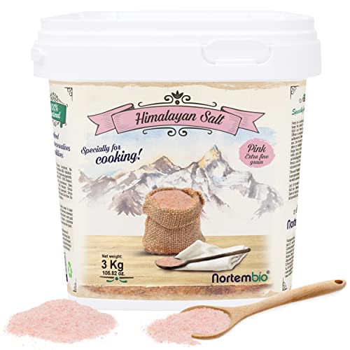 Nortembio Rosa Himalaya-Salz 3 Kg. Extra Feinkorn (0,5-1 mm). 100% Natürliches Salz. Reich an Mineralien. Gesundes Kochen. Unraffiniert. Ohne Konservierungsstoffe. Aus Punjab Pakistan. von Nortembio