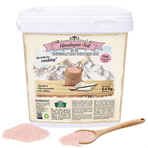 Nortembio Rosa Himalaya-Salz 6,4 Kg. Extra Feinkorn (0,5-1 mm). 100% Natürliches Salz. Reich an Mineralien. Gesundes Kochen. Unraffiniert. Ohne Konservierungsstoffe. Aus Punjab Pakistan. von Nortembio