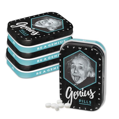 Nostalgic-Art Retro Pillendose, 4 x 6 x 1,6 cm, Einstein – Genius Pills (4er-Set) – Geschenk-Idee für Studenten, Original Lizenzprodukt (OLP), mit Pfefferminz-Dragees, Vintage Design von Nostalgic-Art