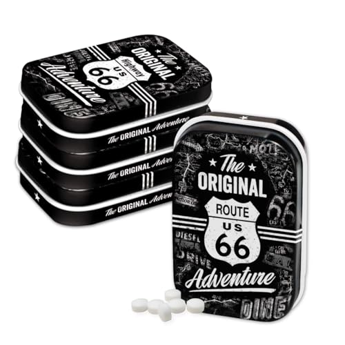 Nostalgic-Art Retro Pillendose, 4 x 6 x 1,6 cm, Highway 66 The Original Adventure (4er-Set) – Geschenk-Idee für USA Fans, mit Pfefferminz-Dragees, Vintage Design von Nostalgic-Art