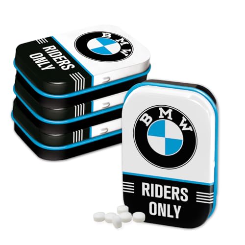 Nostalgic-Art Retro Pillendose, 4 x 6 x 1,6 cm, BMW – Riders Only (4er-Set) – Geschenk-Idee für BMW Accessoires Fans, Original Lizenzprodukt (OLP), mit Pfefferminz-Dragees, Vintage Design von Nostalgic-Art