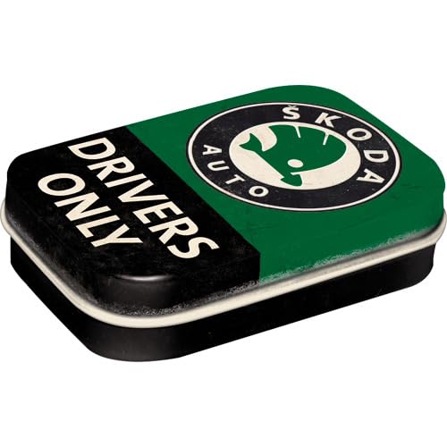 Nostalgic-Art Retro Pillendose, 4 x 6 x 1,6 cm, Skoda – Drivers Only – Geschenk-Idee für Skoda-Zubehör Fans, mit Pfefferminz-Dragees, Vintage Design von Nostalgic-Art