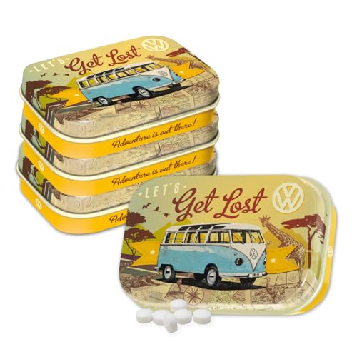 Nostalgic-Art Retro Pillendose, 4 x 6 x 1,6 cm, VW Bulli – Let's Get Lost (4er-Set) – Volkswagen Bus Geschenk-Idee, Original Lizenzprodukt (OLP), mit Pfefferminz-Dragees, Vintage Design von Nostalgic-Art