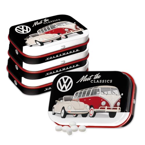 Nostalgic-Art Retro Pillendose, 4 x 6 x 1,6 cm, VW – Meet The Classics (4er-Set), mit Pfefferminz-Dragees, Vintage Design von Nostalgic-Art