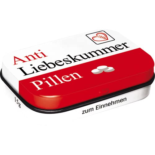 Nostalgic-Art Retro Pillendose, Anti Liebeskummer Pillen – Nostalgie Geschenk-Idee, Blech-Dose mit Pfefferminz-Dragees, Vintage-Design, 4 x 6 x 1,6 cm von Nostalgic-Art