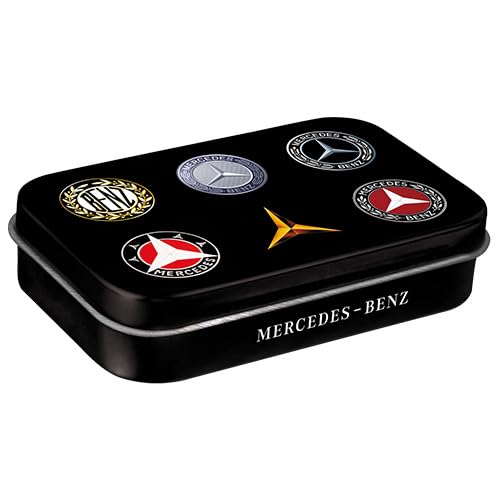 Nostalgic-Art Retro Pillendose XL, 6 x 9,5 x 2 cm, Mercedes-Benz – Logo Evolution – Geschenk-Idee für Mercedes-Benz Fans, mit Pfefferminz-Dragees, Vintage Design von Nostalgic-Art