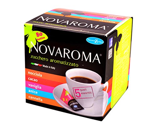 NOVAROMA AROMATISIERTER ZUCKER - 80 BEUTEL 5g SORTIERTE GESCHMÄCKE AUS ZIMT, KAKAO, VANILLE, ANIS UND HASELNUSS von Novarese Zuccheri