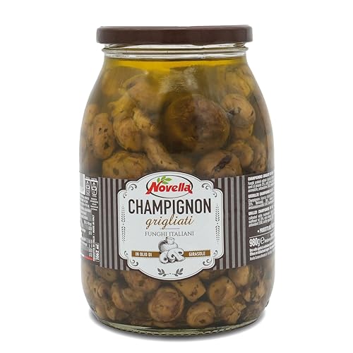 Novella CHAMPIGNON GRIGLIATI - Gegrillte Champignons im Glas – 1062 g - Pilz-Vorspeise aus Italien - eingelegt in Ölmarinade von Novella