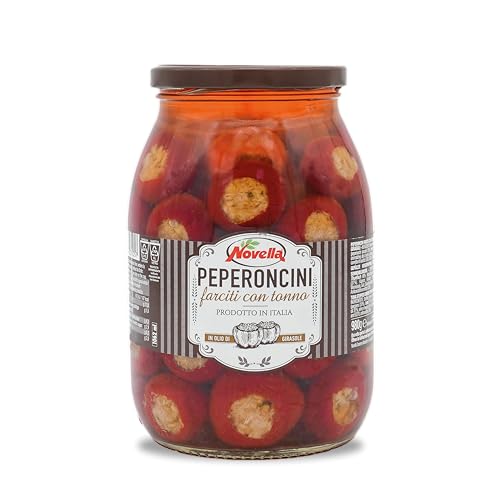 Novella PEPERONCINI FARCITI CON TONNO - Peperoni mit Thunfischfüllung - italienische Kirschpaprika - Antipasti-Vorspeise - fruchtig-scharf - 950 g im Glas von Novella