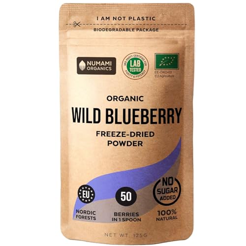 Numami BIO Wildheidelbeeren Pulver, ganze Heidelbeeren gefriergetrocknet, 100% Rohkostqualität, reich an Antioxidantien und Vitamin C, ohne Zuckerzusatz, geerntet in Nordeuropa von Numami