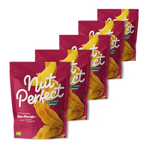 Nut Perfect Bio-Mango, 5 x 80 g, getrocknete Mangostreifen, ungeschwefelt, fruchtig und intensiv im Geschmack, verarbeitet unter fairen Bedingungen von Nut Perfect But a bite better!