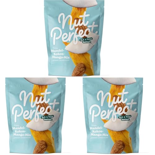 Nut Perfect Mandel-Kokos-Mango-Mix, ungesalzen, ungezuckert, vegan, fruchtig-säuerlicher Snack, getrocknete Mango und Kokos mit gerösteten Mandeln, 1 x 100 g (Packung mit 3) von Nut Perfect But a bite better!