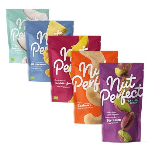 Nut Perfect Probierpaket, 1x Bio Kokos-Chips, 1x Bio Mangostreifen, 1x Cashewkerne, 1x Pistazienkerne und 1x Bio Ananasstücke, 440 g, naturbelassen und vegan, verarbeitet unter fairen Bedingungen von Nut Perfect But a bite better!