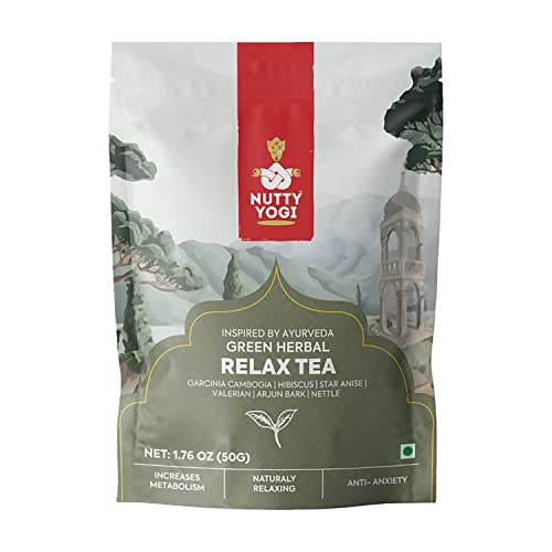 Nutty Yogi Green Herbal Relax Tea, 50G, Chai With Herbs I Relax And DeStreass I Unique Recipe I 100% Natural I Hibiscus Valerian Root Arjun Bark Nettle I Herbal Tisane von Nutty Yogi