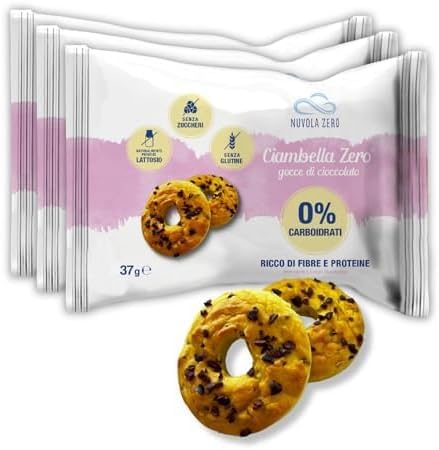 Nuvola Zero - Ciambella Zero, Proteinarme Snacks ohne Zucker, Gluten- und Laktosefrei, ohne Kohlenhydrate, mit Schokolade Stückchen, 3er Packung, Made in Italy. von Nuvolazero