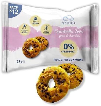 Nuvola Zero - Ciambella Zero, Proteinarme Snacks ohne Zucker, Gluten- und Laktosefrei, ohne Kohlenhydrate, mit Schokolade Stückchen,12er Packung. Made in Italy. von Nuvolazero