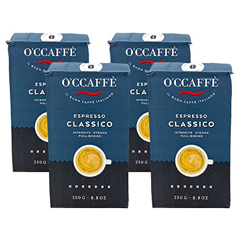 O'CCAFFÈ – Espresso Bar, 4 x 250 gr Kaffee gemahlen Espresso Classico, italienischer Espresso gemahlen, 70% Robusta / 30% Arabica, Gemahlener Kaffee mit feiner Haselnussnote von O'CCAFFE'