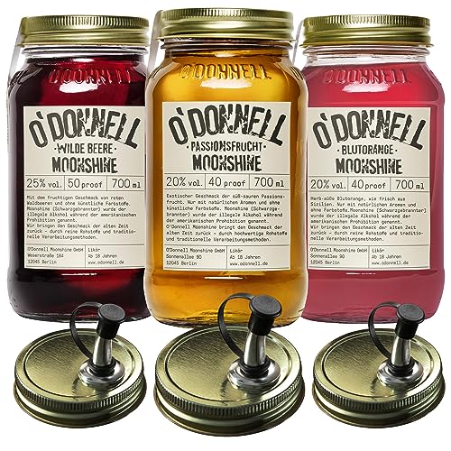 O'Donnell Moonshine Geschenkset | Geschenkbox | Premium Likör nach amerikanischer Tradition | 3 x 700ml | Natürliche Zutaten | Vegan | mit Ausgießer (Passionsfrucht/Blutorange/Wilde Beere) von O'Donnell Moonshine