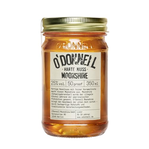 O'Donnell Haselnuss Likör Harte Nuss mit Whiskey & Karamell Aroma (350g) – Made in Berlin – Nusslikör im authentischen Moonshine Whiskey Glas - 25% Spirituose Pur oder als Cocktail genießen von O'Donnell Moonshine