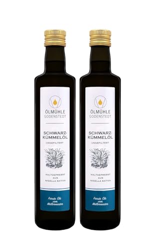 Schwarzkümmelöl (2x500ml), ungefiltert - hoher Thymochinon Gehalt 1. Kaltpressung, täglich frisch gepresst aus ägyptischer Nigella Sativa, direkt aus der Ölmühle von Ölmühle Godenstedt GmbH