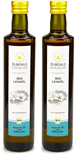 Bio Leinöl 1000ml (2x500ml) 1Liter - stets frisch kaltgepresst aus Bio Leinsaat, milder Geschmack, mit Öko-Strom in Deutschland hergestellt, direkt aus der Ölmühle Godenstedt von Ölmühle Godenstedt