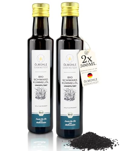 Bio Schwarzkümmelöl, ungefiltert (2x500ml) - 1. Kaltpressung, täglich frisch gepresst, hoher Thymochinon Gehalt, ägyptische Nigella Sativa Saat, Müller Handwerk von Ölmühle Godenstedt