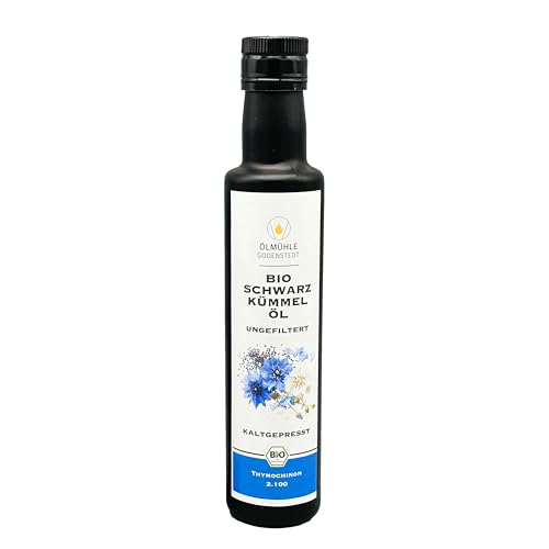 Bio Schwarzkümmelöl ungefiltert Hoher Thymochinongehalt 2.090 mg, 1. Kaltpressung, 250ml, frisch gepresst, ägyptische Nigella Sativa Saat, von Ölmühle Godenstedt