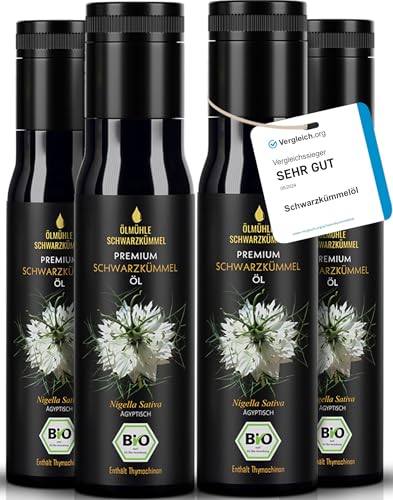 Premium BIO Schwarzkümmelöl - 1. Pressung - 100% kaltgepresst - 100% ägyptisch - 100% naturrein - Lichtschutzflasche aus Miron Violettglas - mühlenfrisch direkt vom Hersteller - 4er Flasche (4x100 ml) von Ölmühle Schwarzkümmel