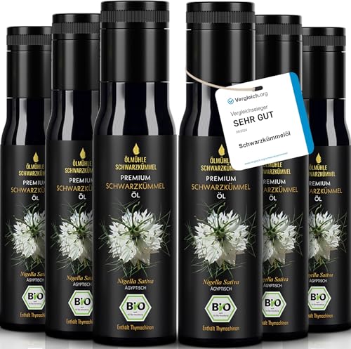 Premium BIO Schwarzkümmelöl - 1. Pressung - 100% kaltgepresst - 100% ägyptisch - 100% naturrein - Lichtschutzflasche aus Miron Violettglas - mühlenfrisch direkt vom Hersteller - 6er Flasche (6x100 ml) von Ölmühle Schwarzkümmel